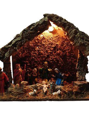 Vintage Nativity Set Wooden Set Plastic Resin Figures & Light-Up Handmade Italy
